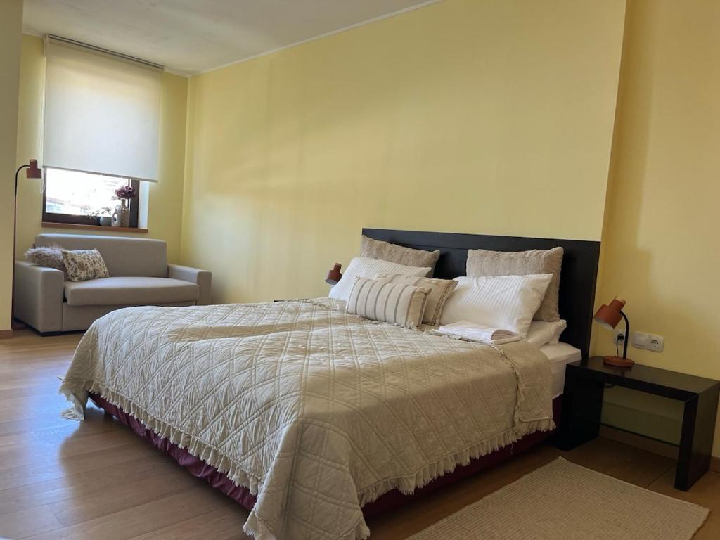 a bedroom with a large bed and a couch at Rilets Studio by BulgarianHomes in Borovets