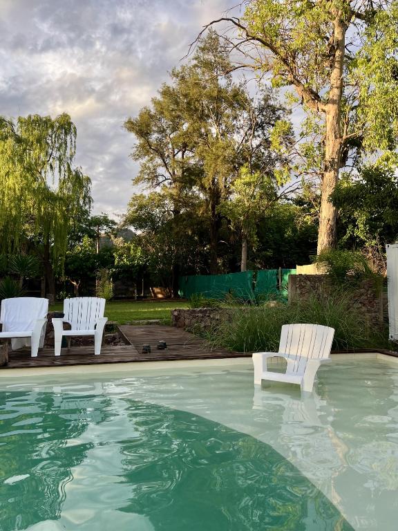 a swimming pool with two white chairs in a yard at Finca Santa Clara in Londres