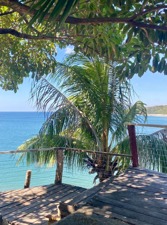 a beach with a palm tree and the ocean at Casa Costa Sirena in El Gigante