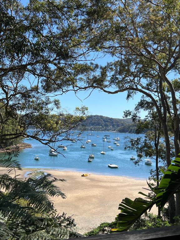 una vista di una spiaggia con barche in acqua di Sydney Northern Beaches Waterfront Pittwater Avalon Beach - Clareville a Clareville