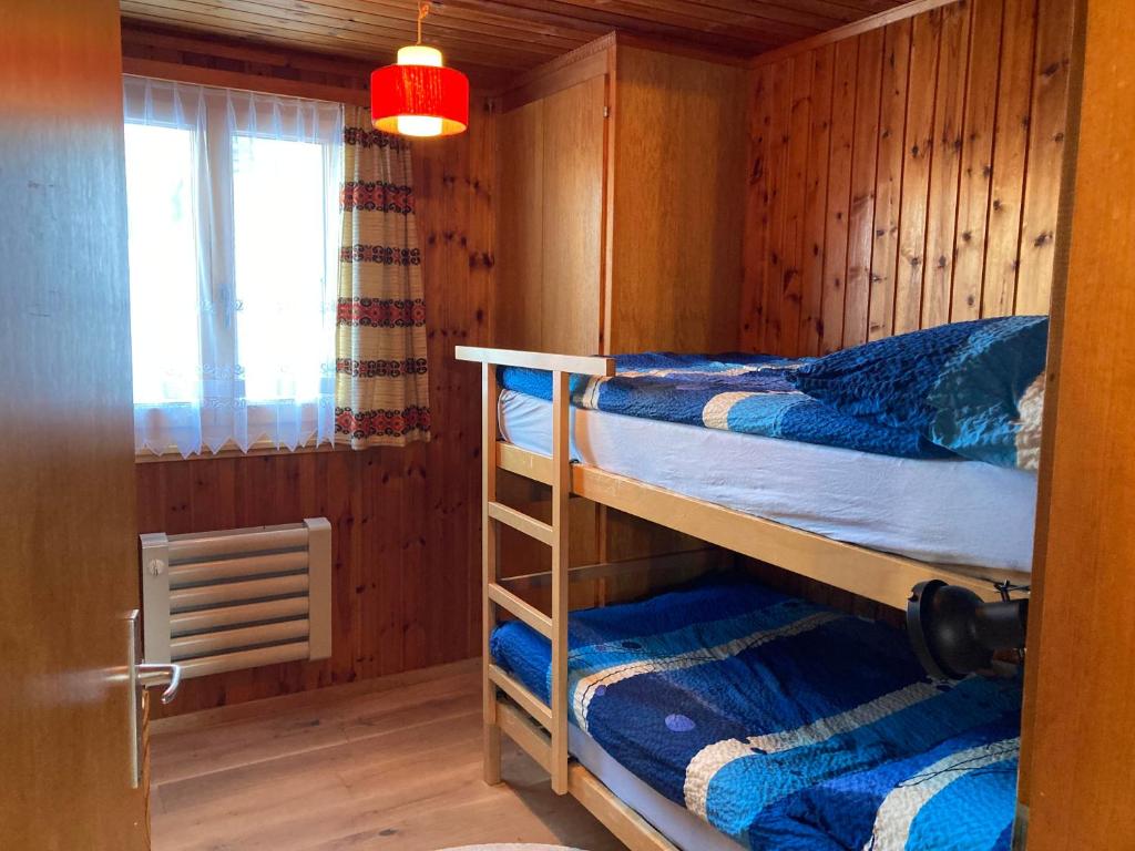 een slaapkamer met twee stapelbedden en een raam bij Chalet Lueg uf Belalp in Rosswald