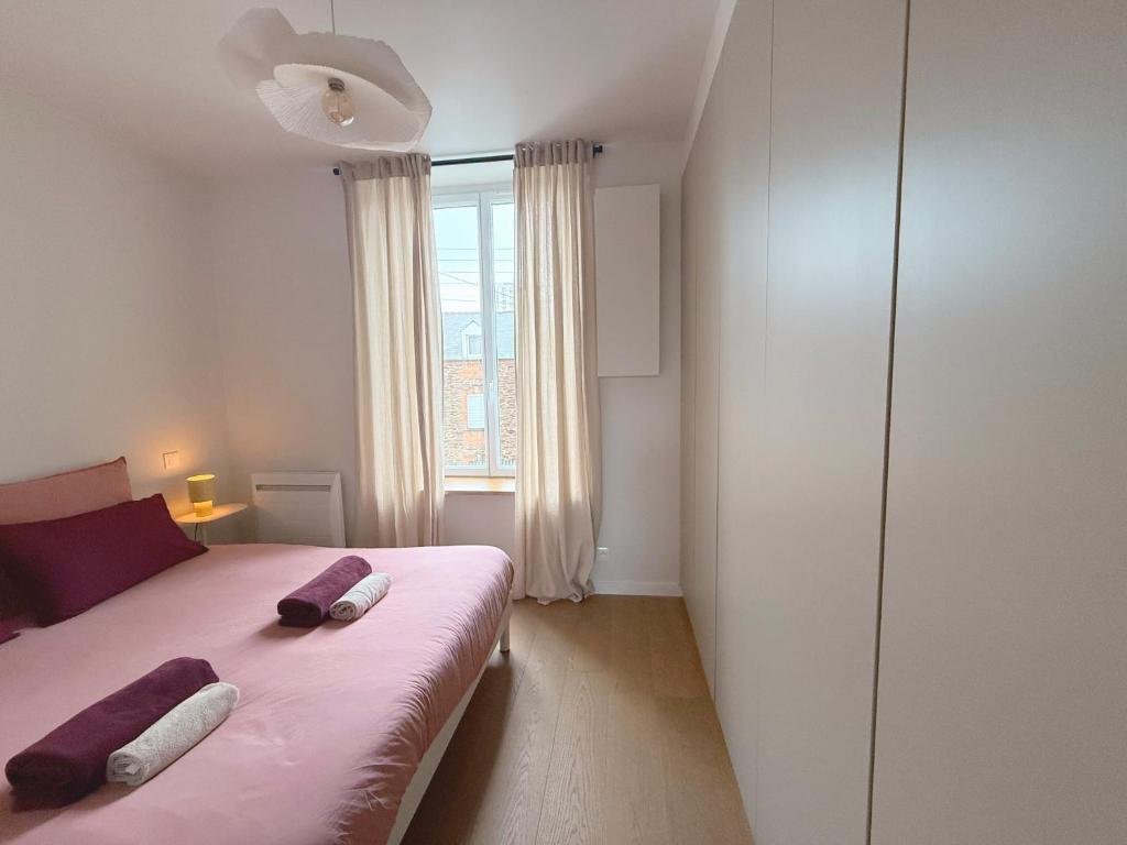 een slaapkamer met een bed met twee kussens erop bij Le Ptit Rennes- 200 m de la Gare Cosy Lumineux in Rennes