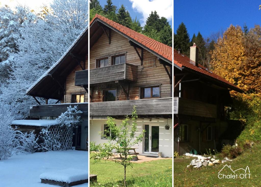 drie foto's van een huis met sneeuw en bomen bij Chalet OTT - apartment in the mountains with sauna in Saint-Cergue