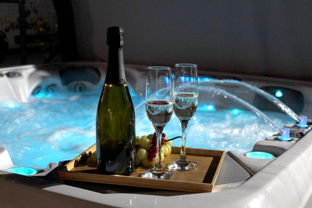 a bottle of wine and two glasses in a swimming pool at Casa Rinata in Novigrad Istria
