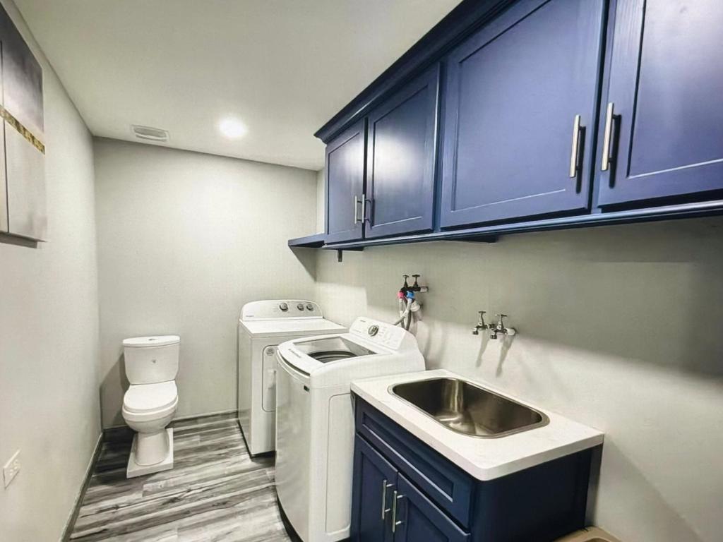 a small bathroom with a sink and a washing machine at Tobago Tropical Hideaway in Lowlands