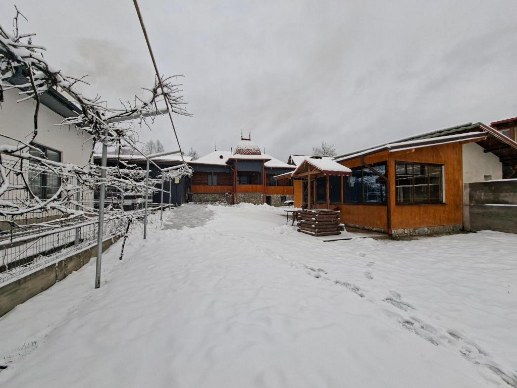 a snow covered yard in front of a building at CĂSUȚA BUNICII CU PRISPĂ in Dospineşti