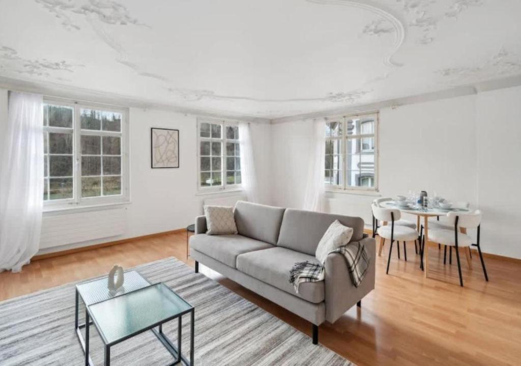 a living room with a couch and a table at The R Apartment Hemmental in Schaffhausen