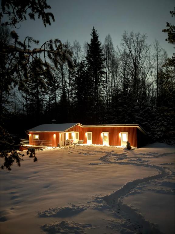 a cabin with lights on in the snow at night at Emakaru Puhkemaja in Otepää
