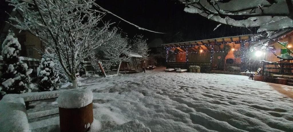un cortile coperto di neve di notte con luci di Cabana Ana a Vadu Moţilor