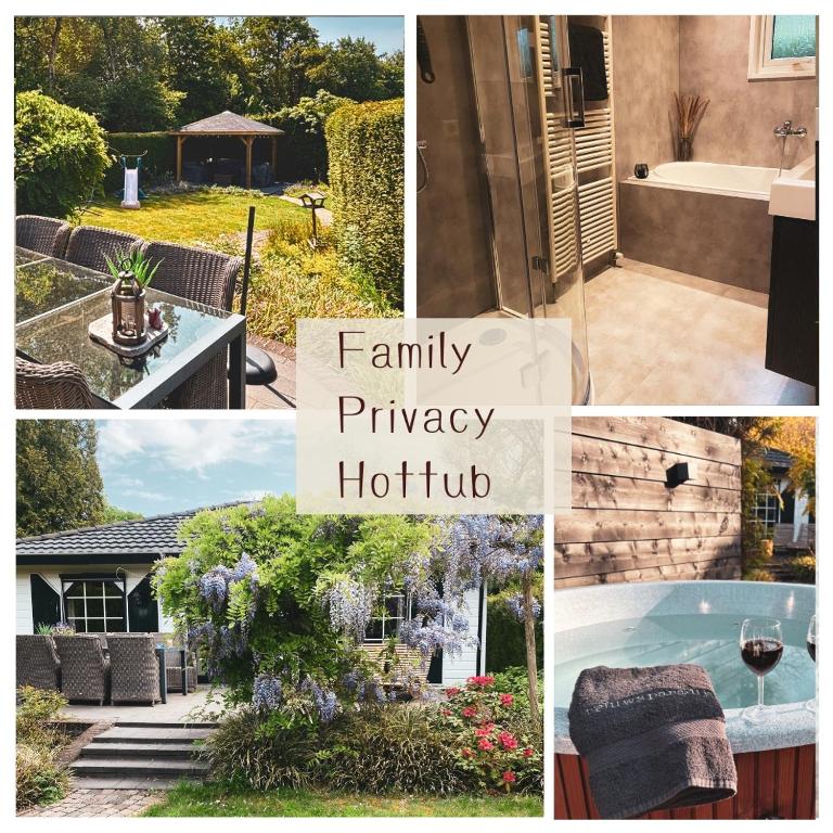 a collage of pictures of a family privacy hottu at het Veluws paradijs, nu met extra bij te boeken Hottub in Voorthuizen