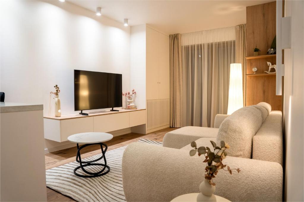 a living room with a couch and a tv at Apartament Zakrzówek - Chilloway in Krakow