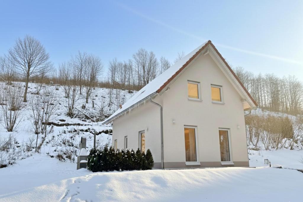 a white house with snow on the ground at Frankenwald Chalets - Ferienhaus mit privaten Whirlpool in Wilhelmsthal