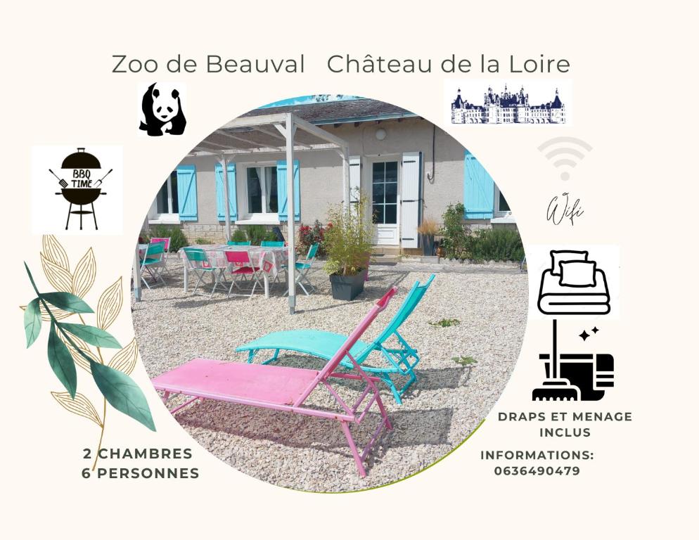 un'immagine di una casa con una sedia rosa e blu di Gîte du Canal de Berry II Beauval 6 personnes a Selles-sur-Cher