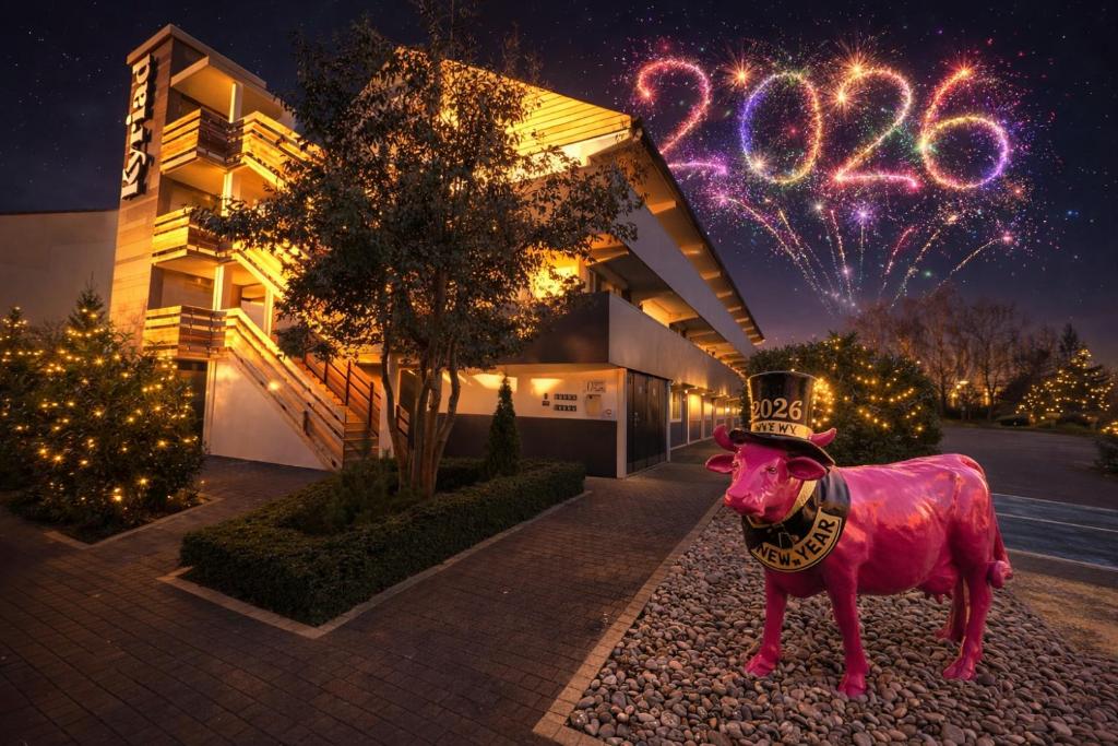 een roze varkensbeeld voor een gebouw met vuurwerk bij Kyriad Lisieux in Lisieux