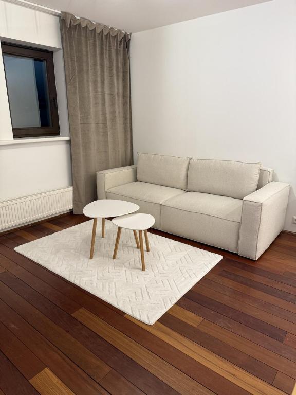a living room with a couch and a table at Cozy Urban Escape in Otepää