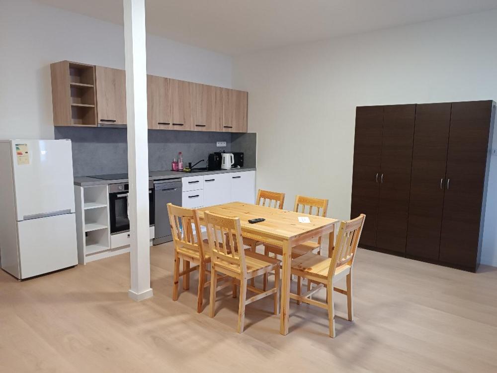 a kitchen with a table and chairs and a refrigerator at Apartmány MARTIN SARVAŠ in Tachov