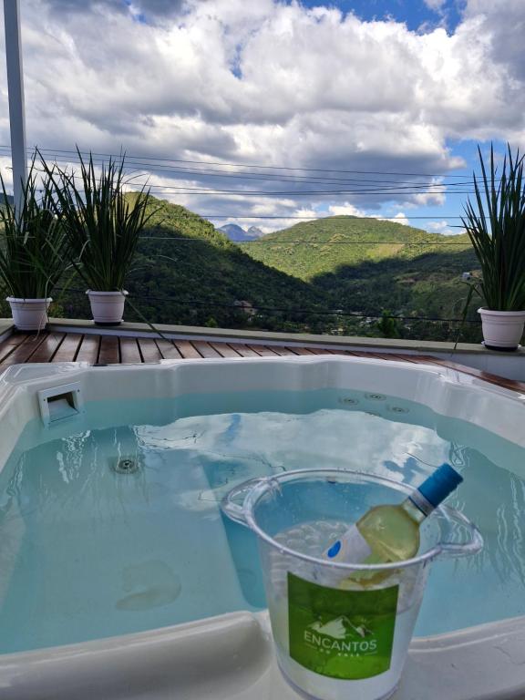 a bottle of wine and a drink in a swimming pool at Encantos do vale Teresópolis in Teresópolis