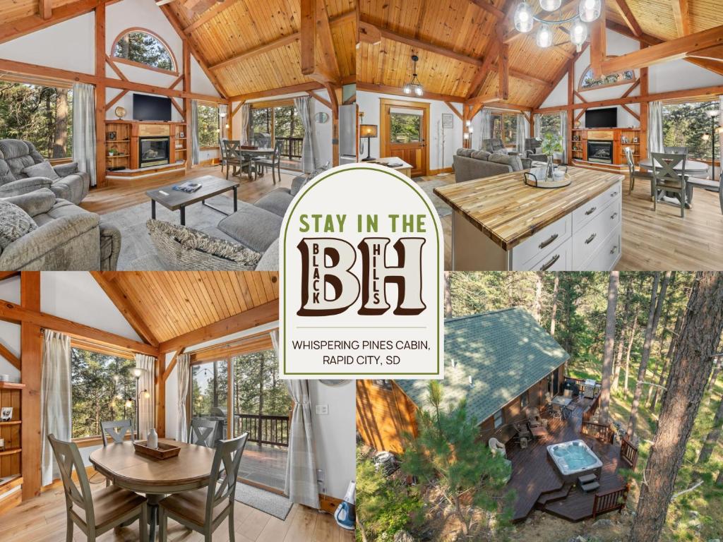 a collage of photos of a house with a kitchen and a living room at Whispering Pines Cabin in Rapid City