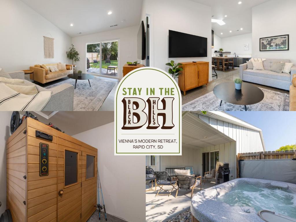 a collage of photos of a living room and a house at Vienna's Modern Retreat in Rapid City