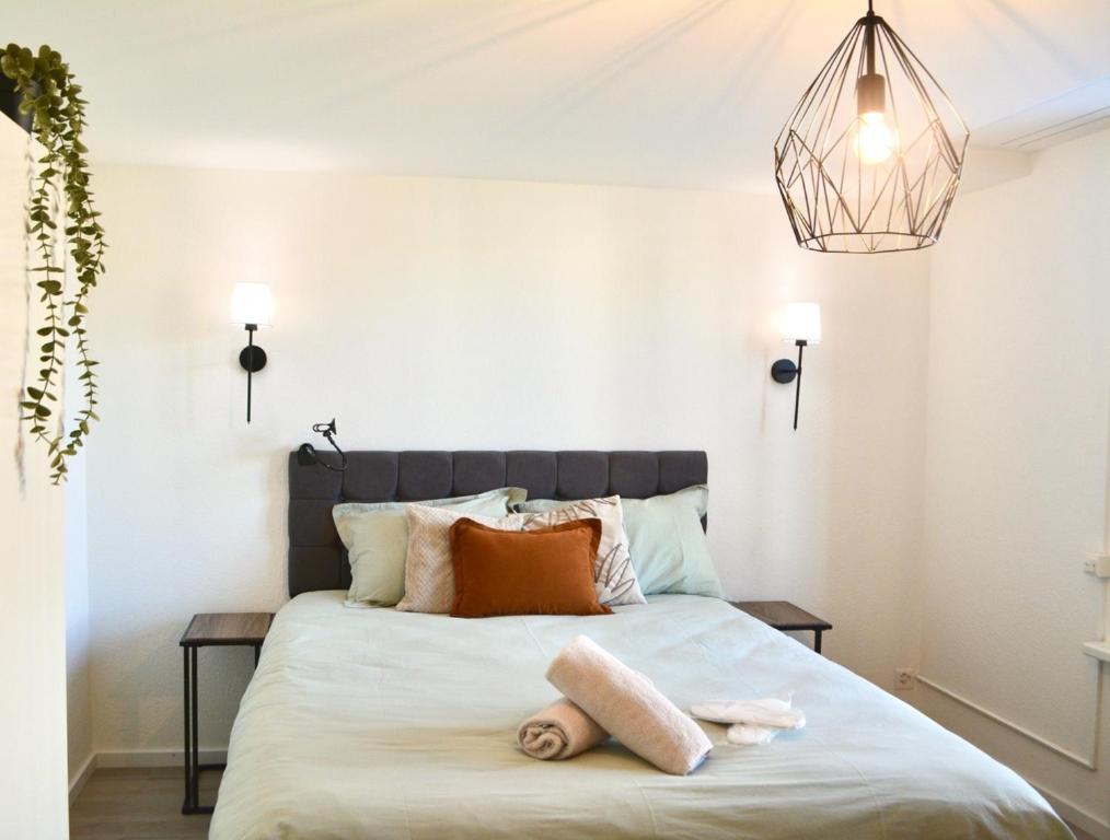 a bedroom with a large bed with pillows at Luxuswohnung in Bodensee, im Radweg mit Parkplatz in Romanshorn