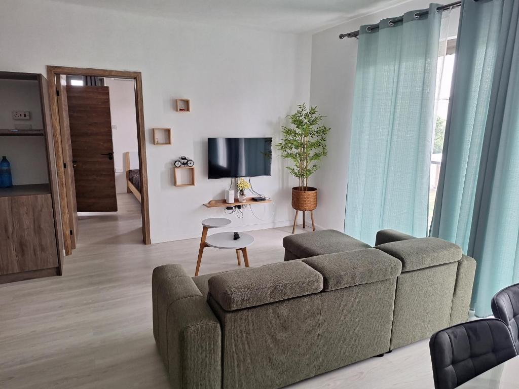 a living room with a couch and a tv at Lumea Apartment in Flic-en-Flac