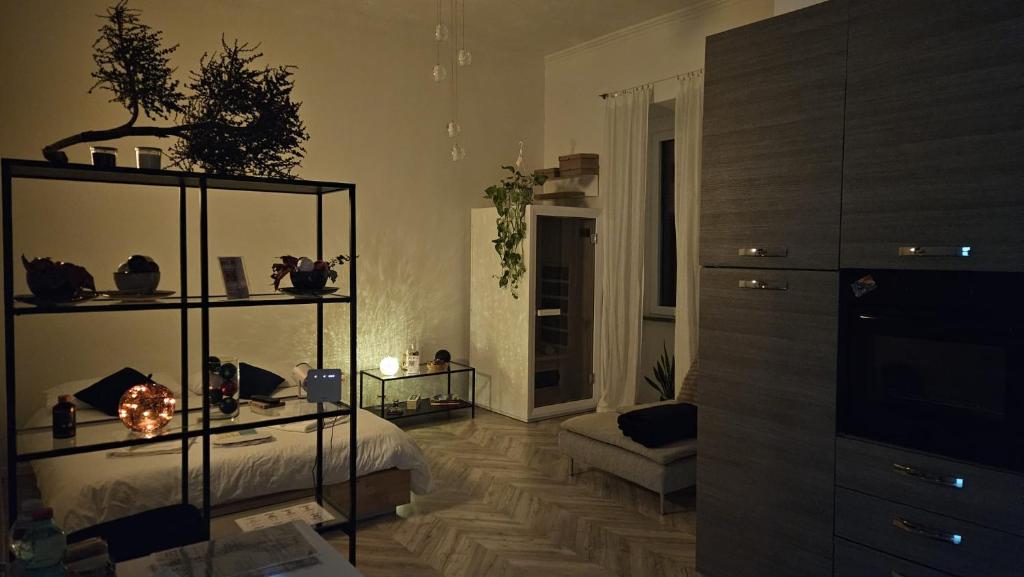 a living room with a bed and a television at Solaris Home Spa in Fiuggi