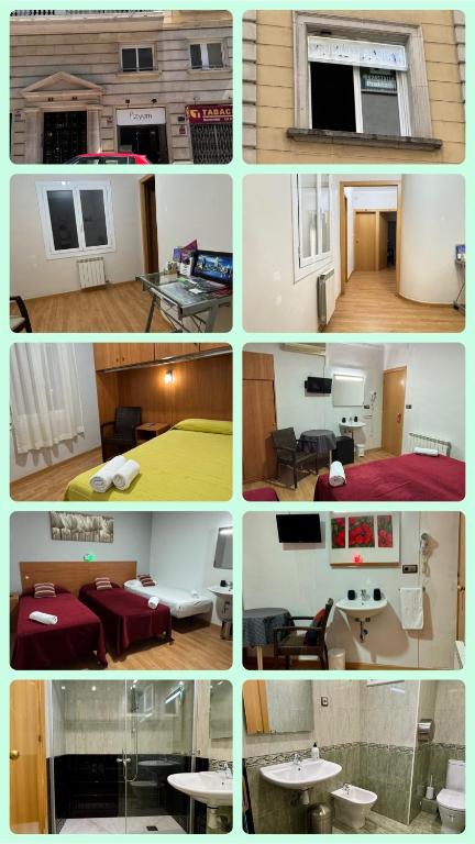 a collage of different pictures of a room at Pensión Laforja in Barcelona