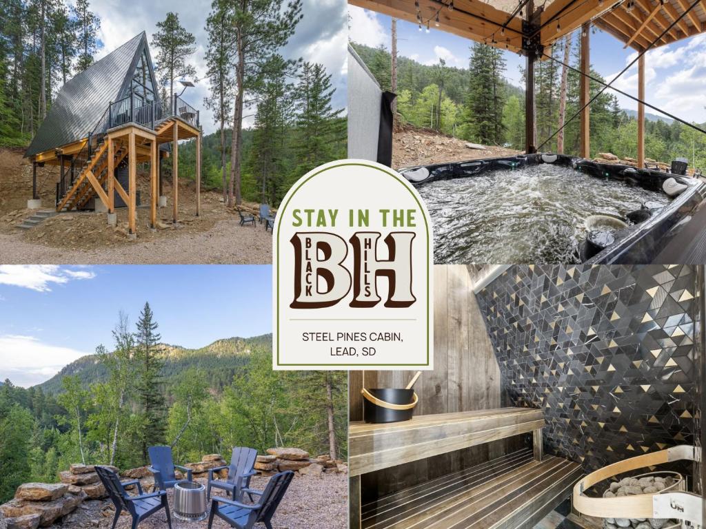 a collage of photos with a sign that says stay in the bbq at Pines Cabin- A-Frame- Hot Tub-Sauna- Firepit in Woodville