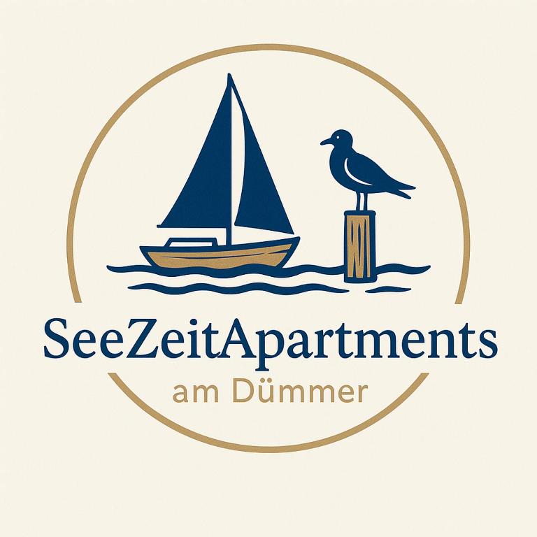 a seagull standing on a post with a sail boat at SeeZeitApartments Whg 4 in Lembruch