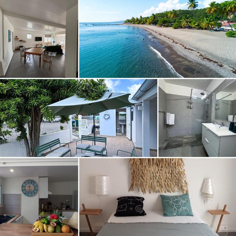 a collage of photos of a house and a beach at Les bonites carbet pieds dans l eau in Le Carbet