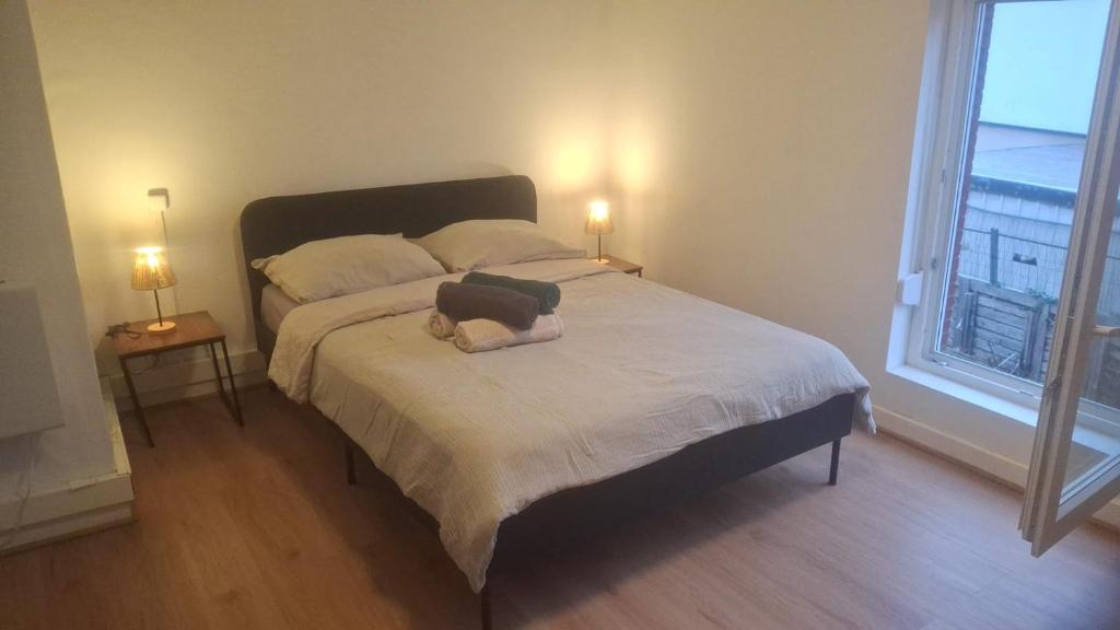 a bedroom with a large bed with two lamps at Maison Jardin aéroport Charleroi in Charleroi