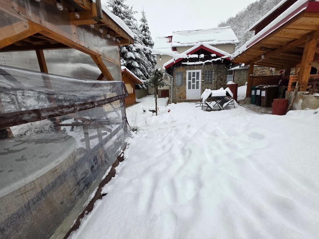 a yard covered in snow next to a house at cabana din vale in Gara Piatra Craiului