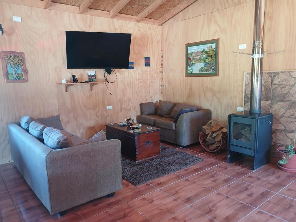 a living room with a couch and a tv and a stove at Casa Entre Cerros in Futrono