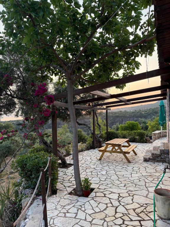 a stone patio with a picnic table and a tree at Agnanti in Riglia