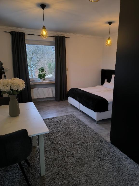 a bedroom with a bed and a table and a window at Studio am Waldrand in Bad Hersfeld