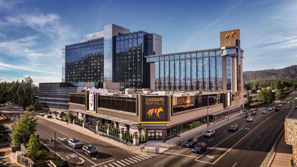 a rendering of a building with cars on a street at Caesars Republic Lake Tahoe, A Caesars Destination in Stateline