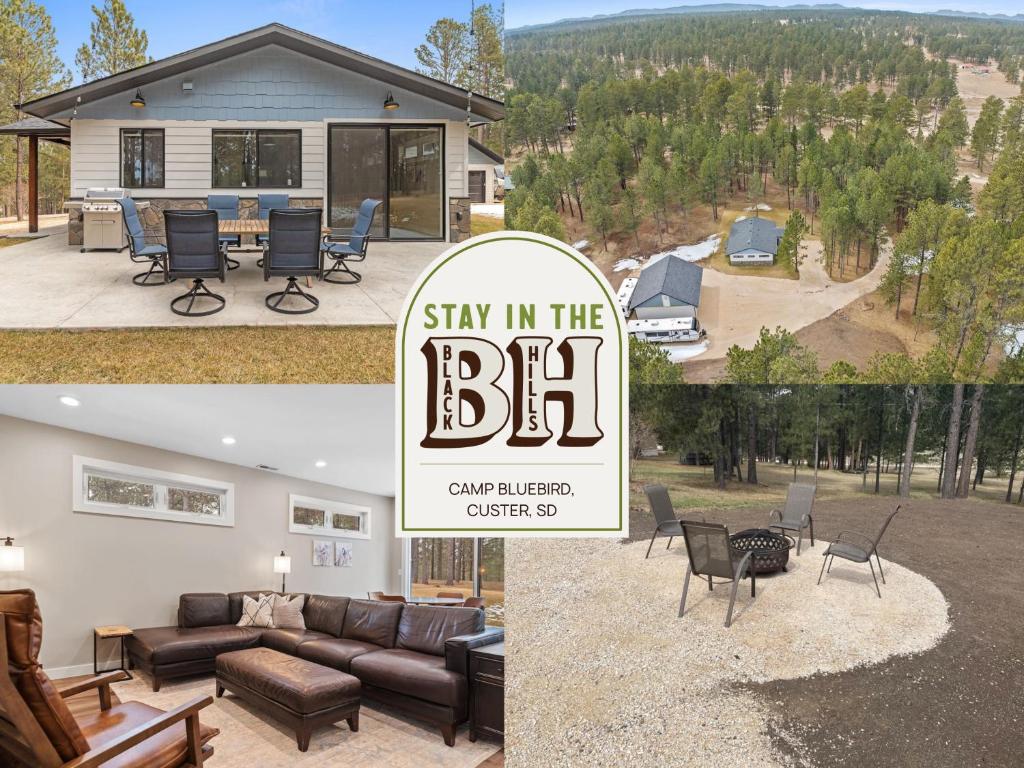 a collage of photos of a house with a sign saying stay in the bc at Camp Bluebird in Custer