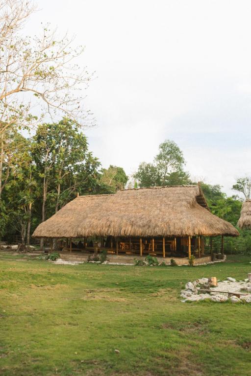 a hut with a thatched roof in a field at Betelnut Eco-Lodge Sumba in Lambatama