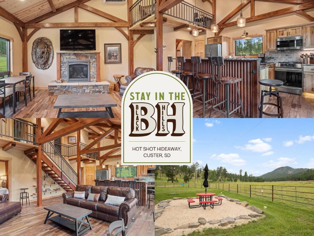 a collage of photos of a house with the stay in the bbl logo at Hot Shot Hideaway in Custer