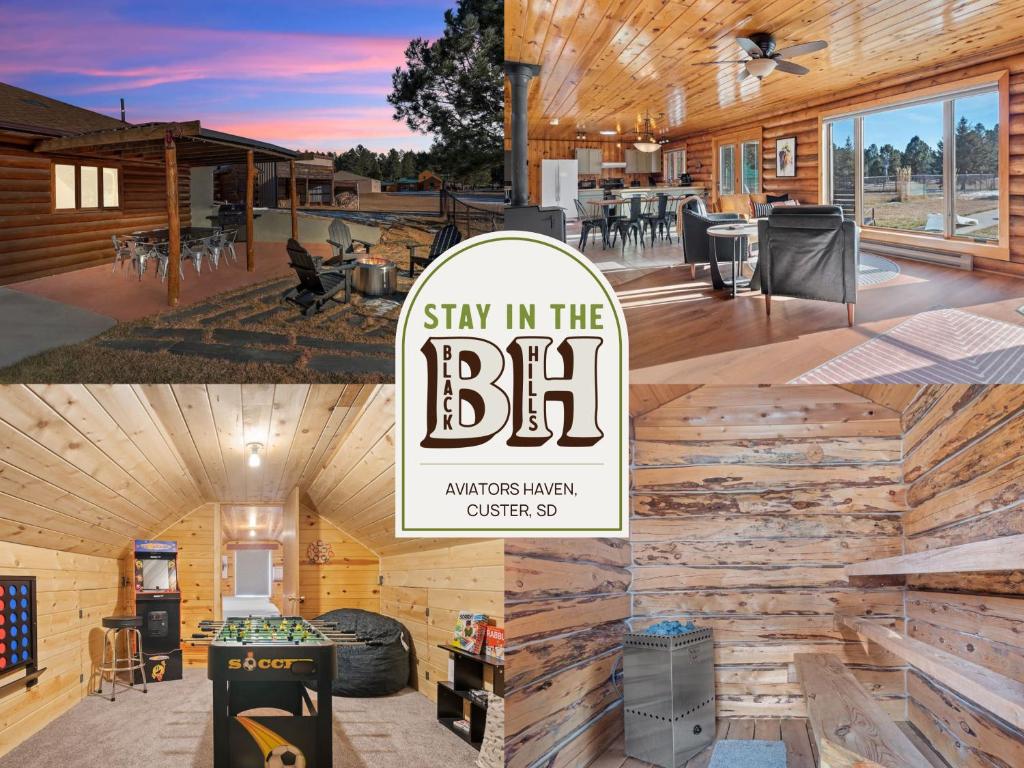 een collage van foto's met een bordje waarop staat: blijf in de BBL bij Aviators Haven in Custer