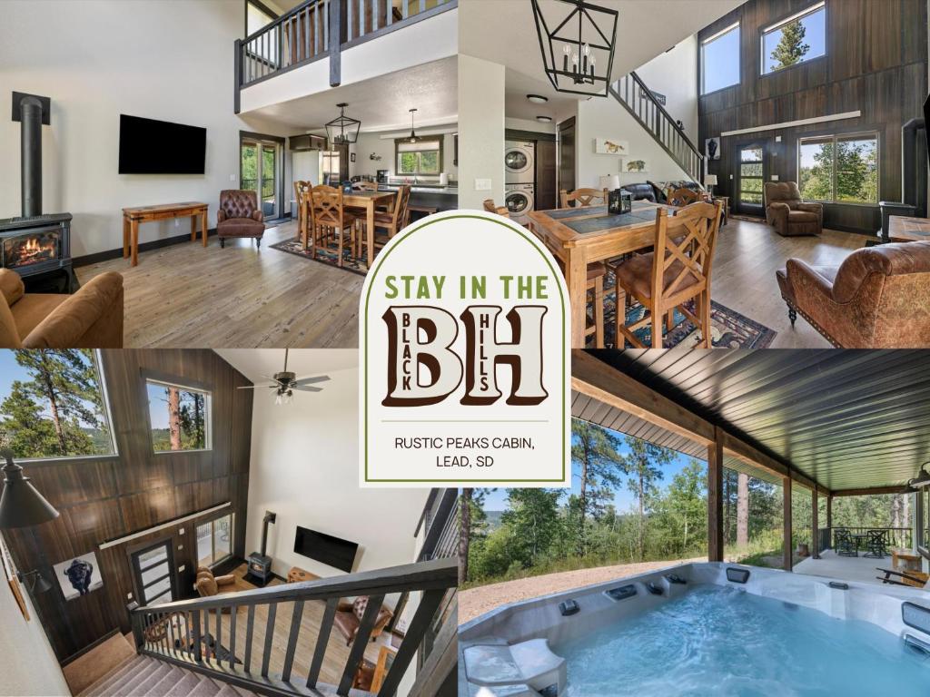 un collage di foto di una casa con piscina di Rustic Peaks Cabin with Hot tub a Lead