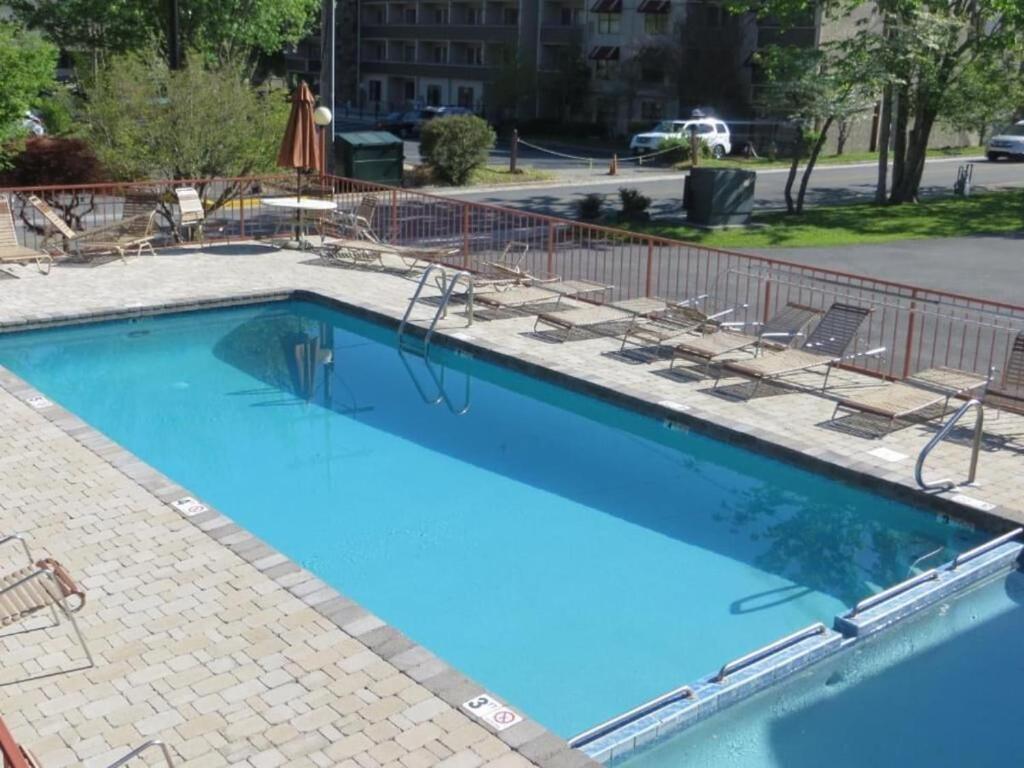 a large blue swimming pool with lounge chairs around it at Mountain House motor Inn Downtown Gatlinburg in Gatlinburg