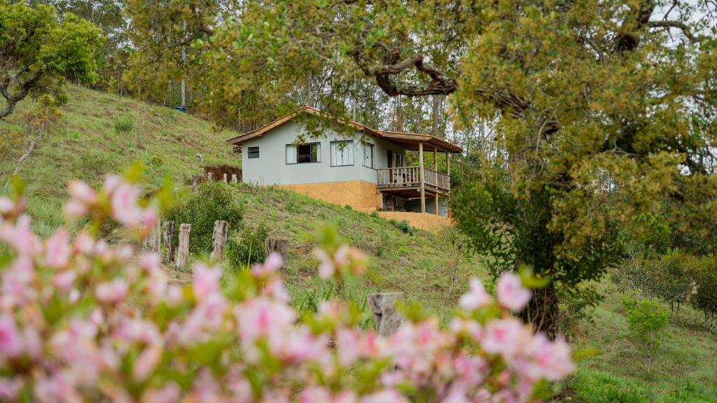 a house on top of a hill with pink flowers at Hospedagem Colinas Chalé 2 in Aiuruoca