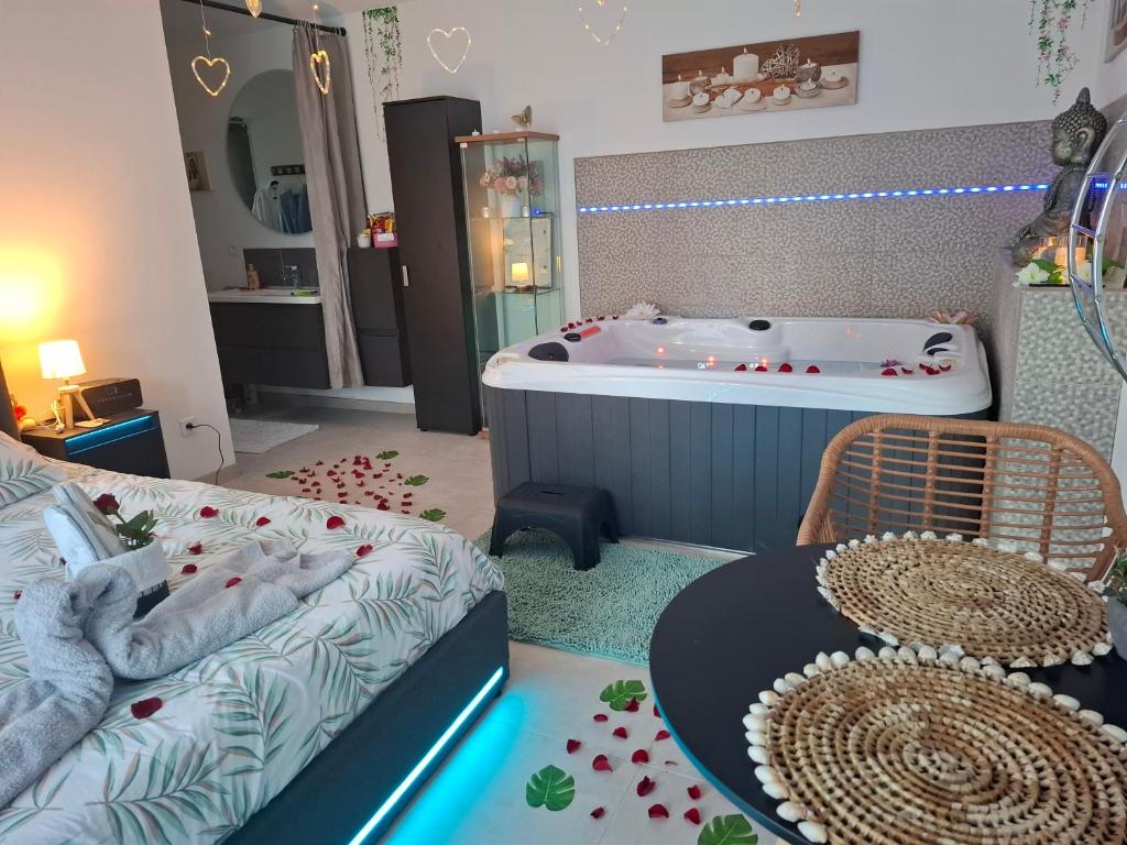 a room with a tub and a bed and a table at escapade coeur provence in La Celle