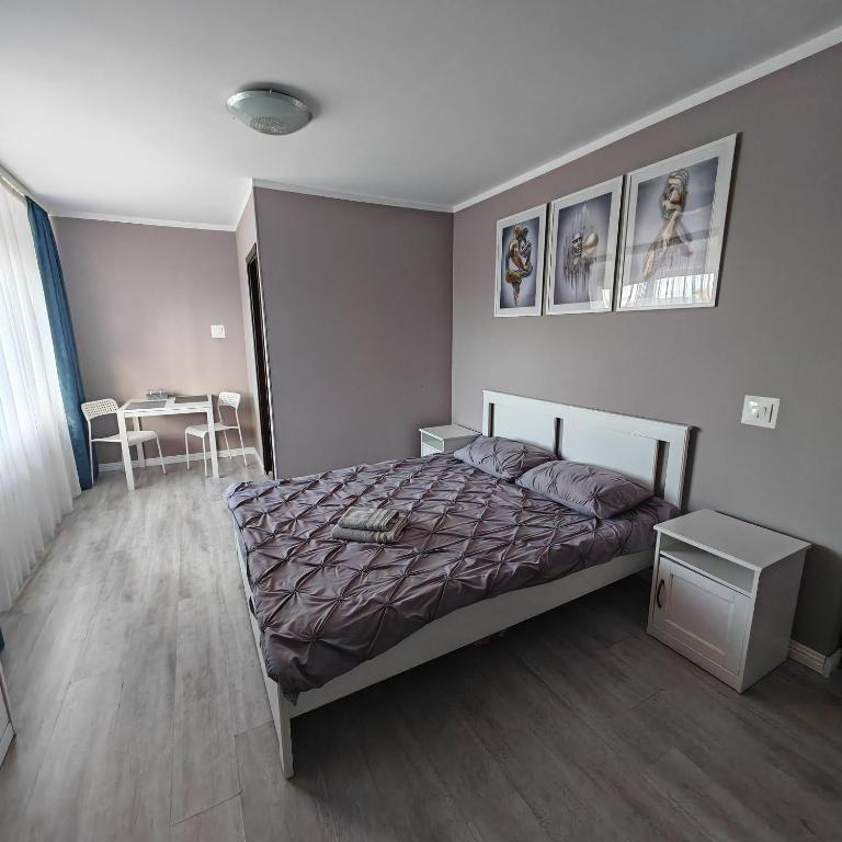 a bedroom with a bed and a table and chairs at EVA's Rooms in Târgu-Mureş