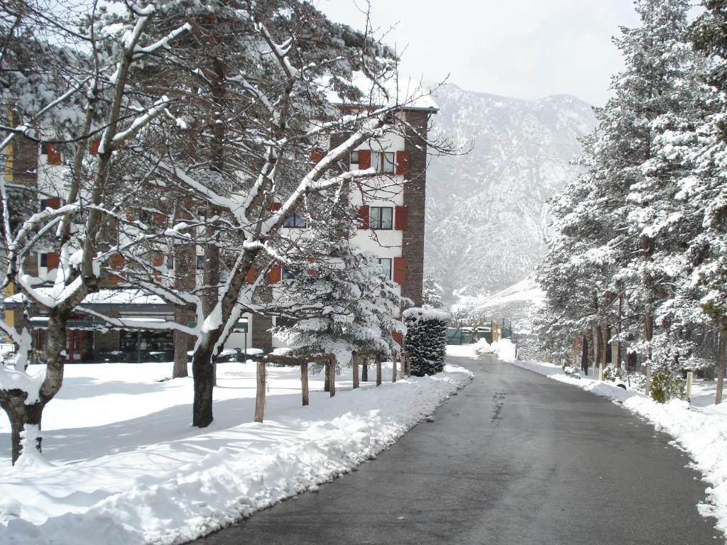 eine schneebedeckte Straße mit Bäumen und einem Gebäude in der Unterkunft Coma Bella in Sant Julià de Lòria