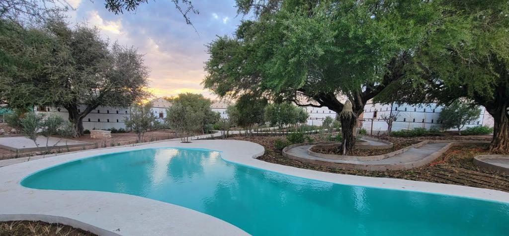 a swimming pool in a yard with trees at Ez-zine Glam in El Aadamna