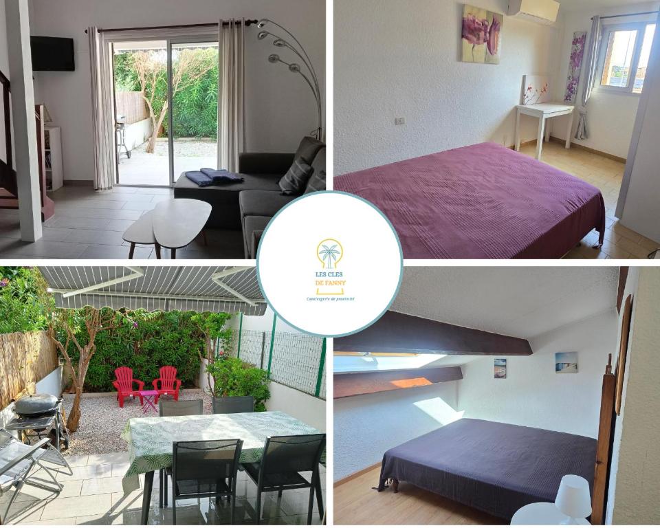 a collage of photos of a bedroom and a living room at La casa du creux in Valras-Plage