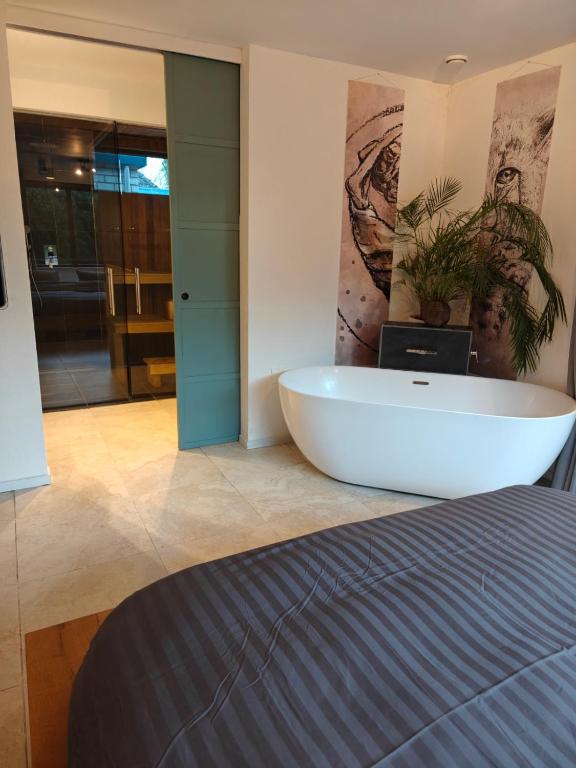 a bedroom with a bath tub in a room at Huize Triangel - Wellness studio met sauna in Noordwolde
