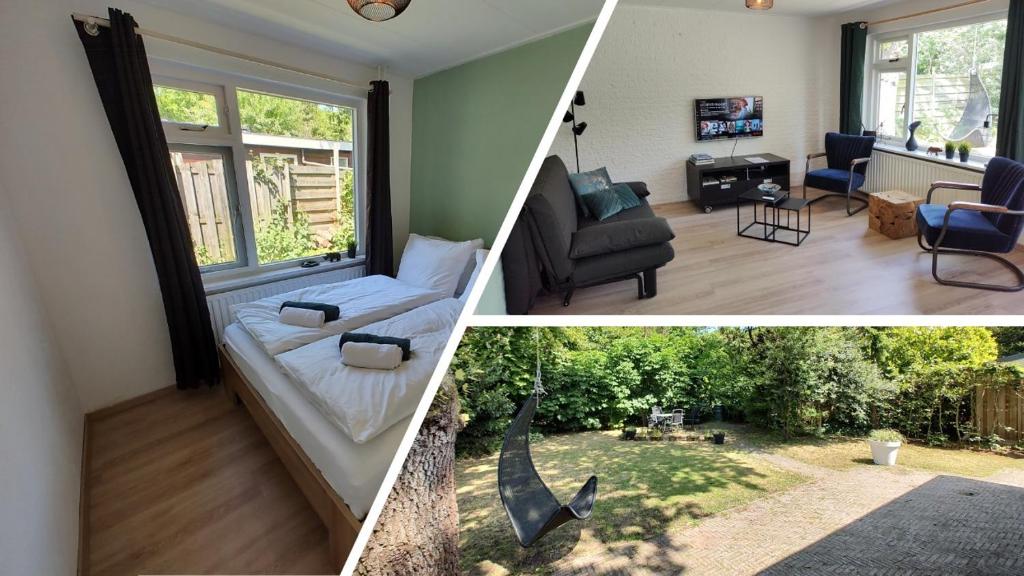 twee foto's van een woonkamer met een bank bij Vakantiehuis met privetuin op rustig bospark Veluwe in Voorthuizen